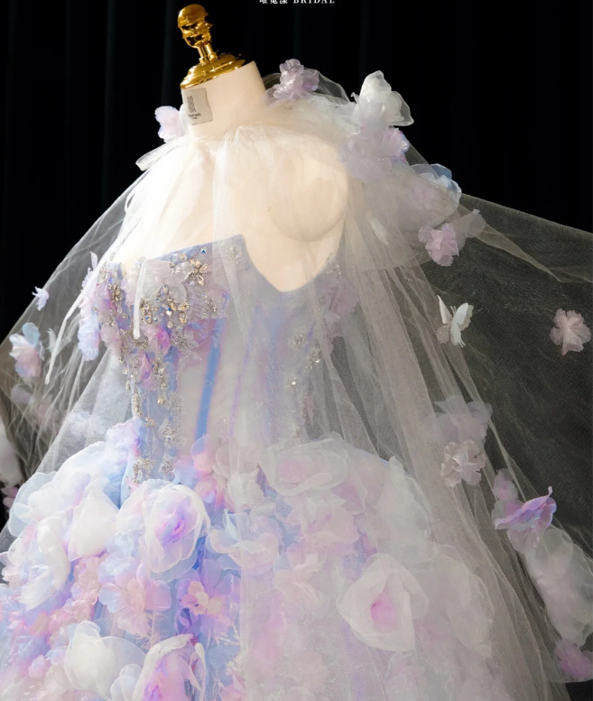 Gorgeous Pastel Blue & Lavender Tulle 3D Floral Sheer Cape Sweet 16 Quinceanera Ball Gown DP7436
