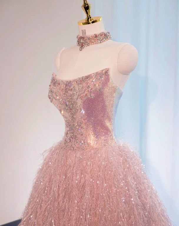 Gorgeous Pink Strapless Feather Sequin Formal Sweet 16 Quinceanera Ball Gown DP7437