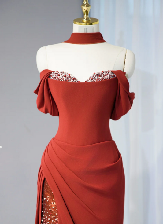 Gorgeous Burgundy Off-Shoulder Sequin Slit Ruched Evening Gown DP7439