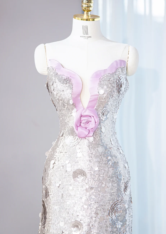 Gorgeous Silver Sequin Lavender Ruffled Neckline 3D Rose Evening Gown DP7443