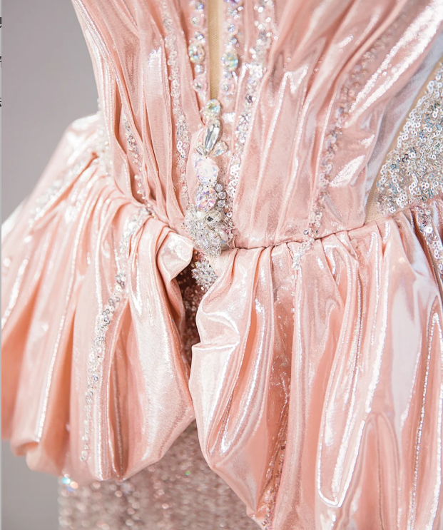 Robe de soirée formelle rose somptueuse à basque, jupe fourreau à sequins ombrés, corsage en satin, DP7446