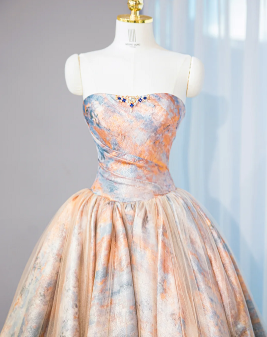 Wunderschönes, trägerloses Tüll-Ballkleid mit Aquarelldruck für Sweet 16 Quinceañera DP7447