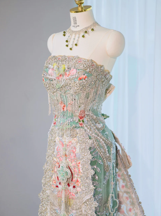 Gorgeous Pastel Embroidered Strapless Beaded Tassel Floral Evening Gown DP7450