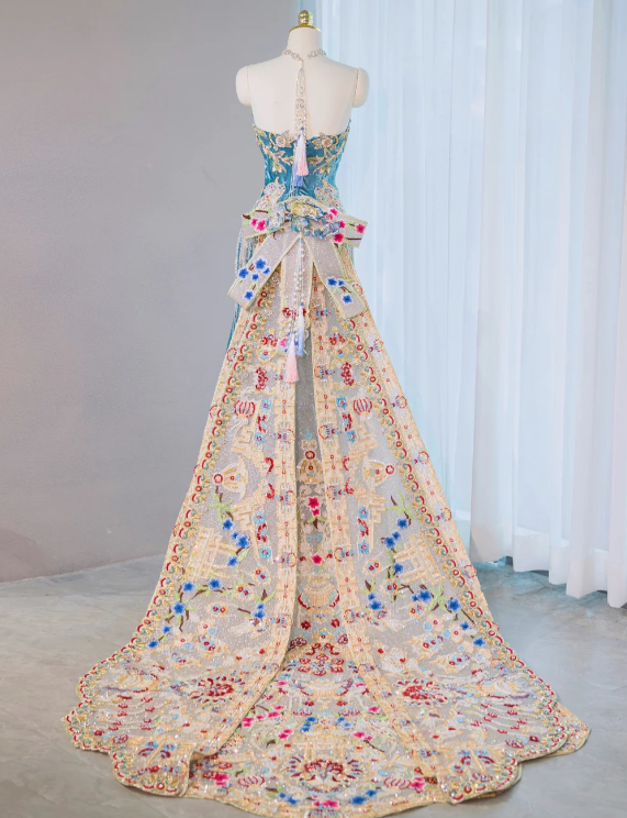 Gorgeous Embroidered Tulle Strapless Handcrafted Beaded Floral Evening Gown DP7451