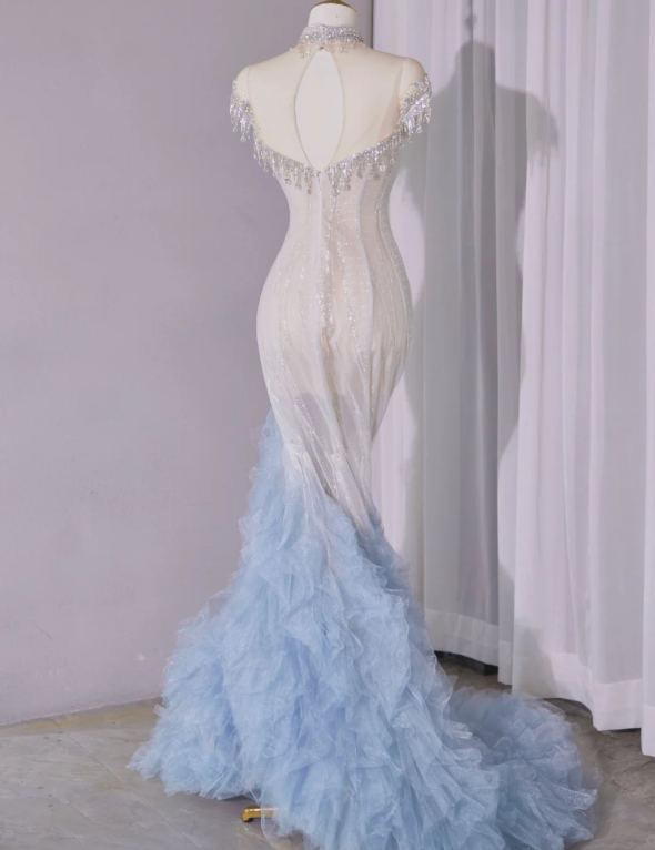 Glamorous Ombre Light Blue Ruffled Tulle Mermaid Beaded Embroidered Off-Shoulder Formal Evening Gown DP7457