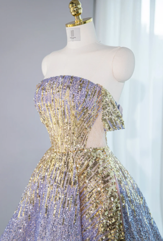 Glamorous Lilac Ombre Sequin Off-Shoulder A-Line Glitter Fabric Evening Gown DP7458