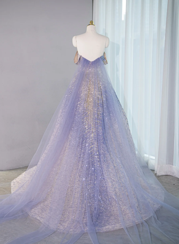 Robe de soirée glamour lilas ombré à sequins, épaules dénudées, coupe trapèze, tissu pailleté DP7458