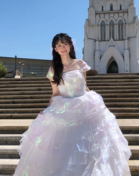 Gorgeous Iridescent Organza Off-Shoulder Ruffled Tiered Sweet 16 Quinceanera Ball Gown DP7462