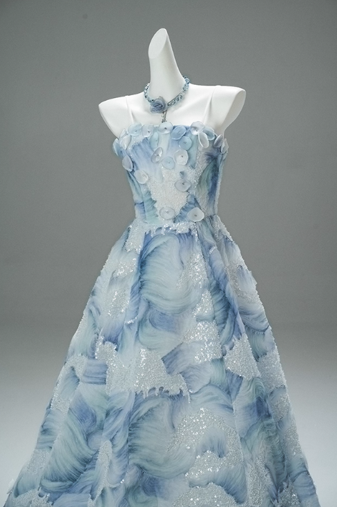 Gorgeous Blue Watercolor Sequin Strapless Sheer Organza A-Line Sweet 16 Quinceanera Ball Gown DP7463