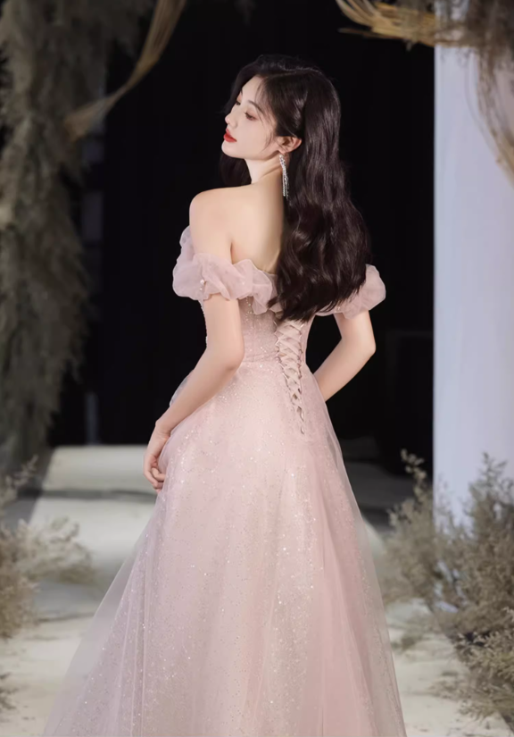 Glamorous Pink Sparkle Tulle Off-Shoulder Beaded Ruffled Evening Gown DP7465