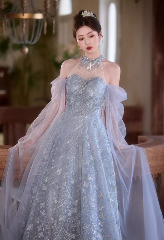 Glamorous Light Blue Sequin Tulle Halter Neck Off-Shoulder Capelet Embroidery Evening Gown DP7466
