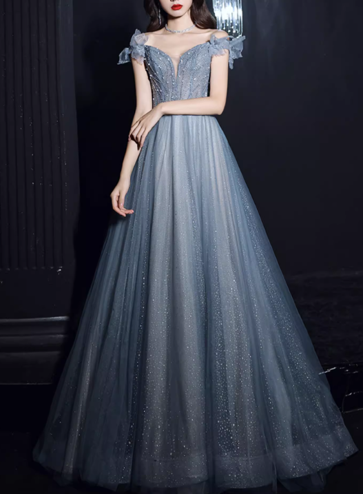 Gorgeous Dusty Blue Sparkle Tulle Off-Shoulder Beaded Sweet 16 Quinceanera Ball Gown DP7472