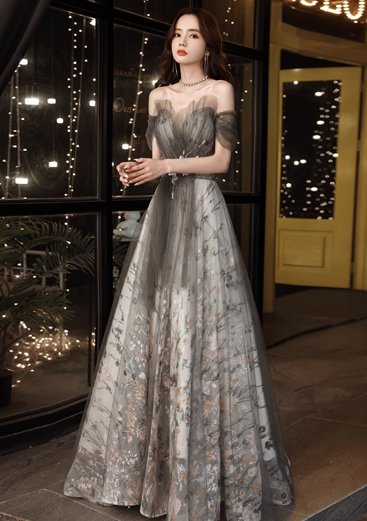 Gorgeous Gray Tulle Floral Embroidery Off-Shoulder Beaded Sweet 16 Quinceanera Ball Gown DP7473