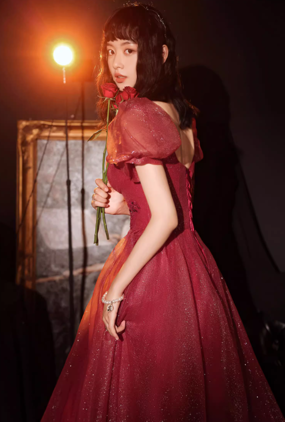 Gorgeous Burgundy Sparkle Tulle Puff Sleeve Sweet 16 Quinceanera Ball Gown DP7474