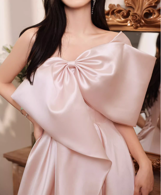 Glamorous Pink Satin Oversized Bow One-Shoulder Evening Gown DP7475