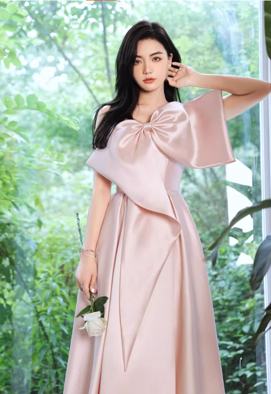 Glamorous Pink Satin Oversized Bow One-Shoulder Evening Gown DP7475