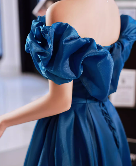 Gorgeous Royal Blue Satin Off-Shoulder Ruffled Puff-Sleeve Sweet 16 Quinceanera Ball Gown DP7477