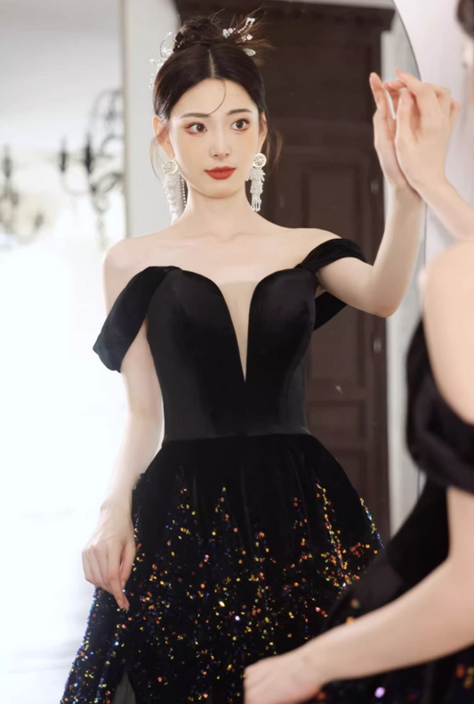 Gorgeous Black Off-Shoulder Ombre Glitter Tulle Sweet 16 Quinceanera Ball Gown DP7484