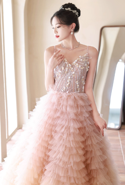 Gorgeous Pink Tiered Tulle Beaded Sweetheart Spaghetti Strap Sweet 16 Quinceanera Ball Gown DP7491