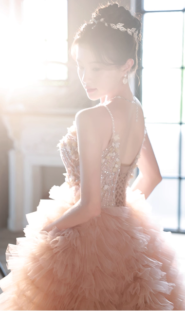 Gorgeous Pink Tiered Tulle Beaded Sweetheart Spaghetti Strap Sweet 16 Quinceanera Ball Gown DP7491