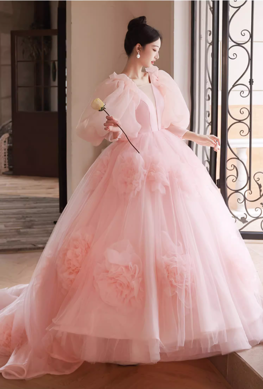 Gorgeous Pink Puff Sleeves 3D Floral Tulle Sweet 16 Quinceanera Ball Gown DP7493