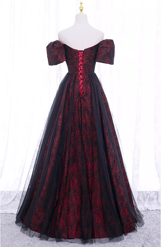 Gorgeous Burgundy Floral Brocade Sheer Black Tulle Off-the-Shoulder Sweet 16 Quinceanera Ball Gown DP7494