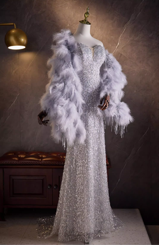 Glamorous Silver Sequin Mermaid Feather Fur Shawl Sweetheart Prom Dress Evening Gown DP7495