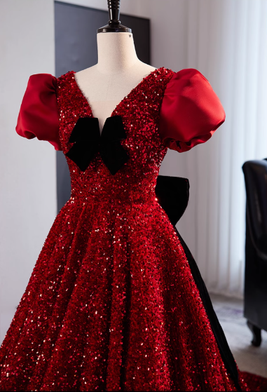 Chic Red Sequin Puff Sleeves Bow Sweet 16 Quinceanera Ball Gown DP7498