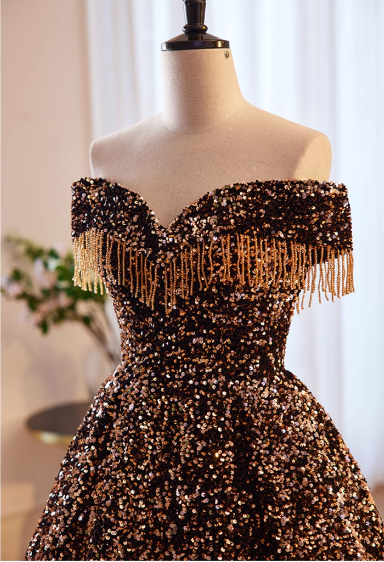 Chic Sequin Off-the-Shoulder Fringe Trim A-Line Sweet 16 Quinceanera Ball Gown DP7499