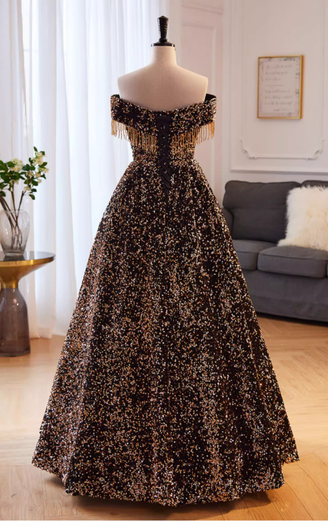 Chic Sequin Off-the-Shoulder Fringe Trim A-Line Sweet 16 Quinceanera Ball Gown DP7499