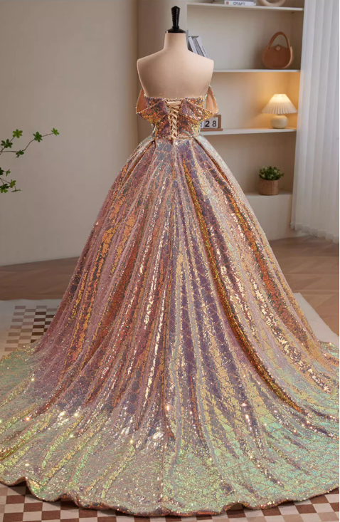 Elegantes, schillerndes, holografisches Paillettenkleid mit schulterfreiem Herzausschnitt für Sweet 16 Quinceañera DP7501