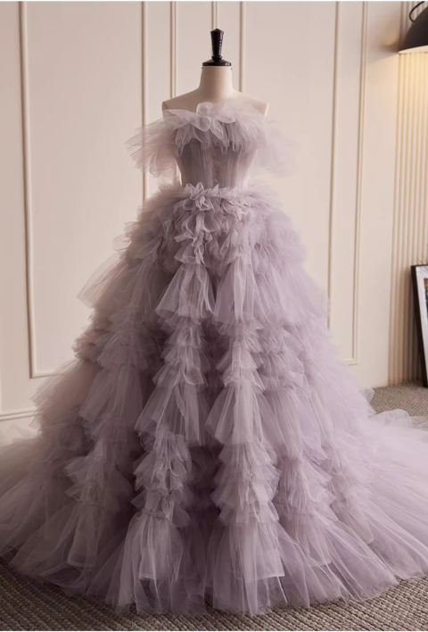 Chic Lilac Layered Ruffled Tulle Off-the-Shoulder Fluffy Sweet 16 Quinceanera Ball Gown DP7506