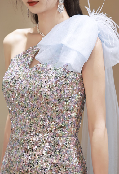 Glamorous Iridescent Sequin One-Shoulder Tulle Feather High Slit Prom Dress Evening Gown DP7507