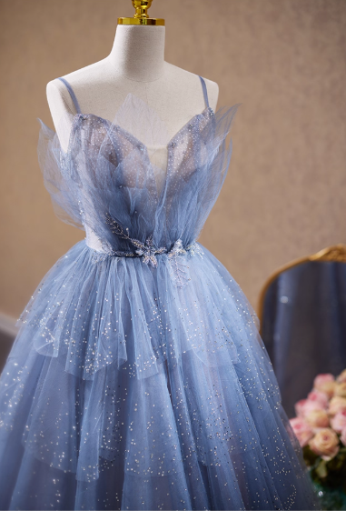 Chic Light Blue Glitter Tulle Spaghetti Strap Sweet 16 Quinceanera Ball Gown DP7508