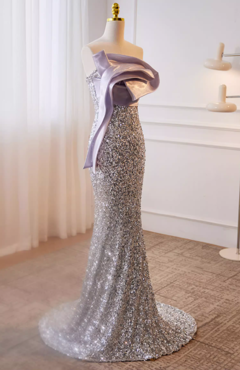 Vintage Silver Sequin Mermaid One-Shoulder Satin Bow Prom Dress Evening Gown DP7509