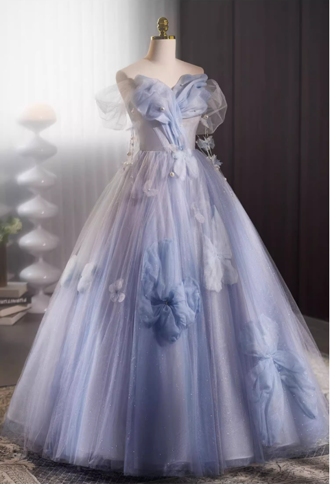 Chic Light Blue Tulle Off-the-Shoulder Bow 3D Floral Sweet 16 Quinceanera Ball Gown DP7510