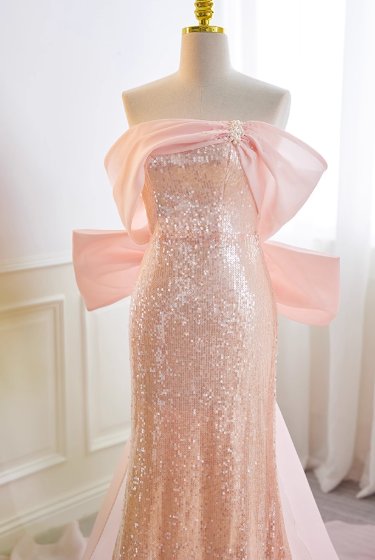 Vintage Pink Sequin Mermaid Off-the-Shoulder Chiffon Bow Prom Dress Evening Gown DP7513