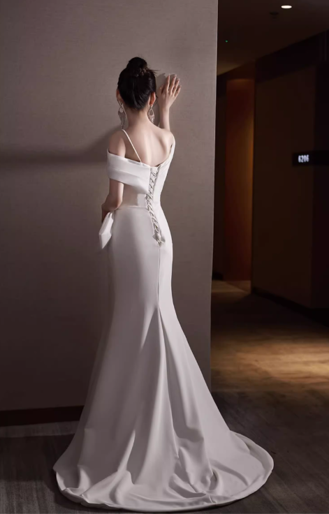 Vintage White Satin Off-the-Shoulder Mermaid High Slit Prom Dress Evening Gown DP7514