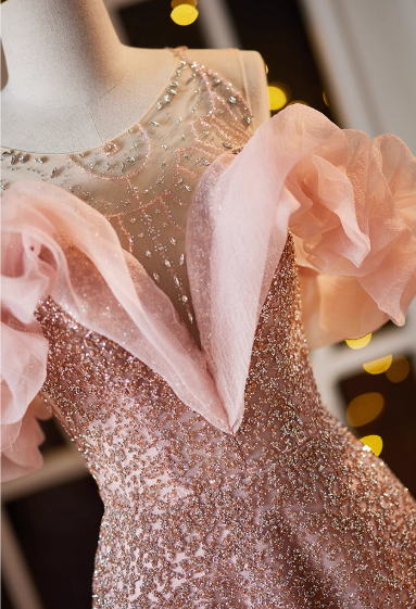 Vintage Pink Beaded Tulle Off-the-Shoulder A-Line Ruffled Sleeves Prom Dress DP7515