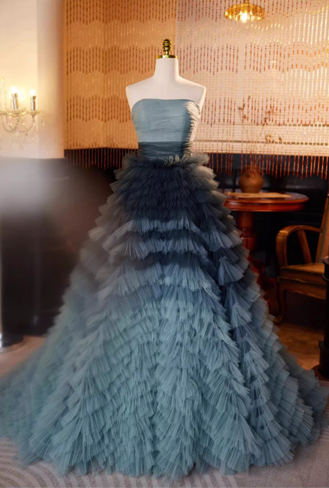 Chic Teal Ombre Ruffled Tulle Strapless Ruched Sweet 16 Quinceanera Ball Gown DP7518