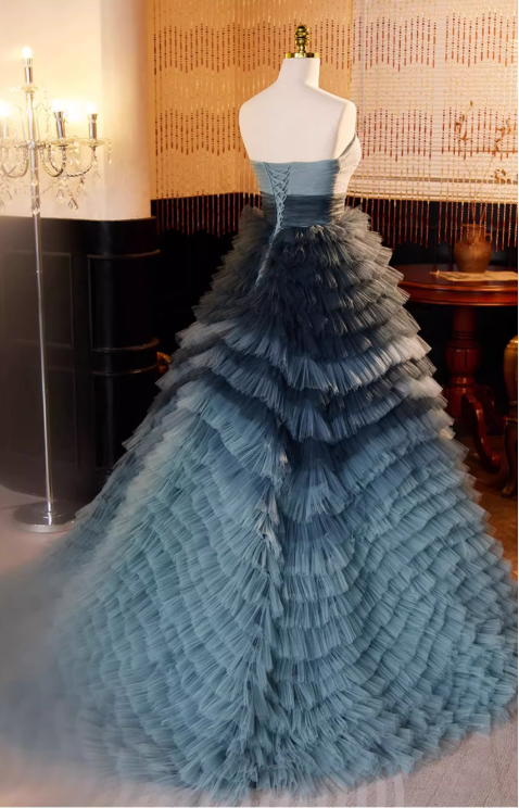 Elegantes, türkisfarbenes Ombré-Tüll-Ballkleid mit Rüschen, trägerlos und gerafft für Sweet 16 Quinceañera DP7518