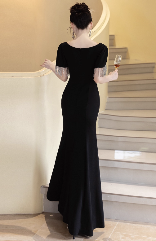Elegant Black Beaded Fringe Short Sleeves Sheath Prom Dress DP7519