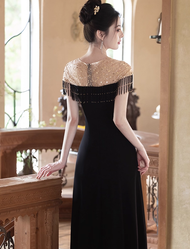 Vintage Black Beaded Fringe Short Sleeves Sheath Prom Dress DP7520