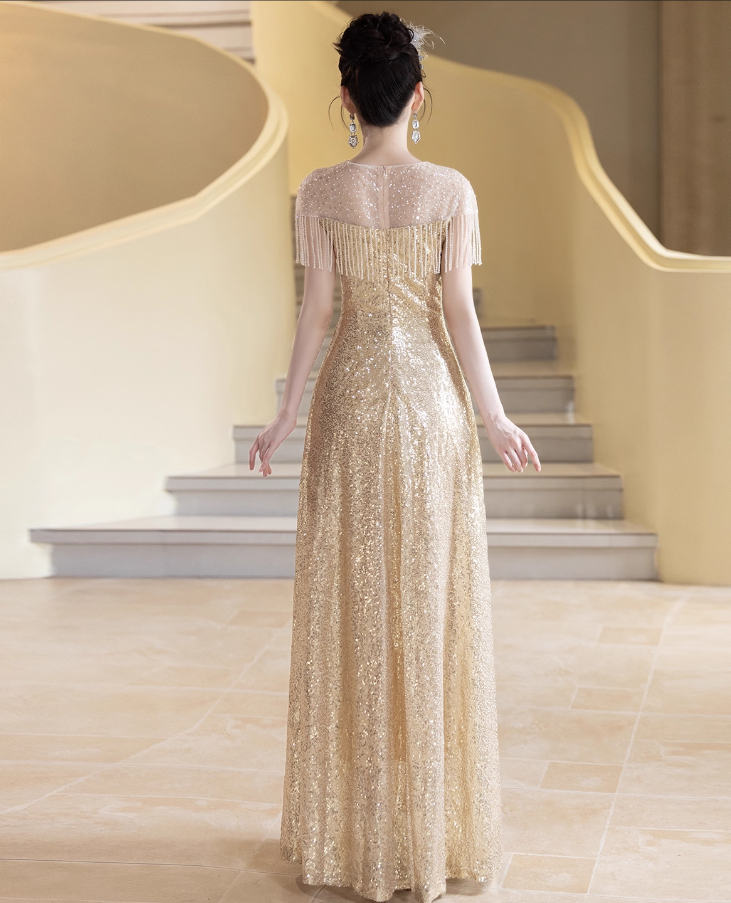 Glamorous Sparkling Gold Sequin Maxi Dress A-Line Fringed Sheer Yoke Prom Dress DP7524