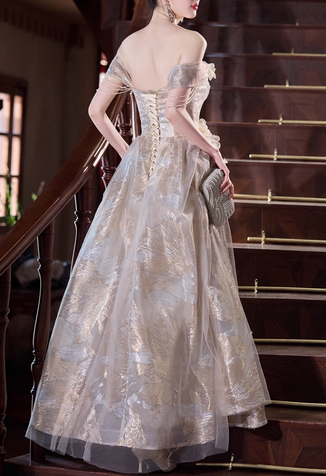 Glamorous Champagne Off-Shoulder 3D Floral Gold Embroidery Sweet 16 Quinceanera Ball Gown DP7543