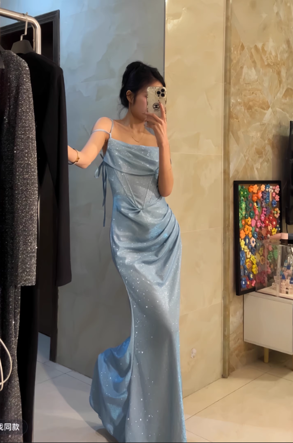 Vintage Light Blue Glitter Satin Spaghetti Strap Mermaid Ruched Prom Dress DP7561