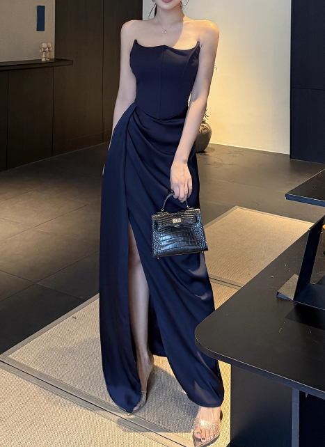 Vintage Navy Blue Satin Strapless Maxi Dress Ruched Slit Sheath Prom Dress DP7566