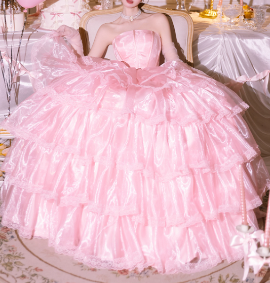 Robe de bal de princesse rose vintage sans bretelles, à volants et à étages, en satin à volants, pour Sweet 15 ou Quinceañera DP7570