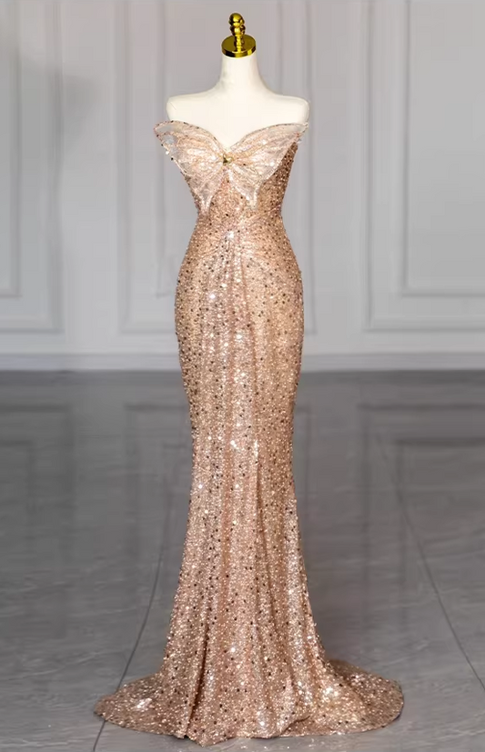 Vintage Rose Gold Sequin Mermaid Evening Gown Off-the-Shoulder Bow Accent Formal Train Prom Dress DP7583
