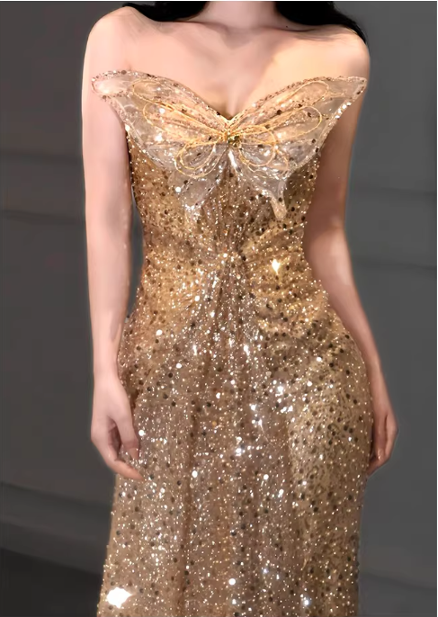 Vintage Rose Gold Sequin Mermaid Evening Gown Off-the-Shoulder Bow Accent Formal Train Prom Dress DP7583
